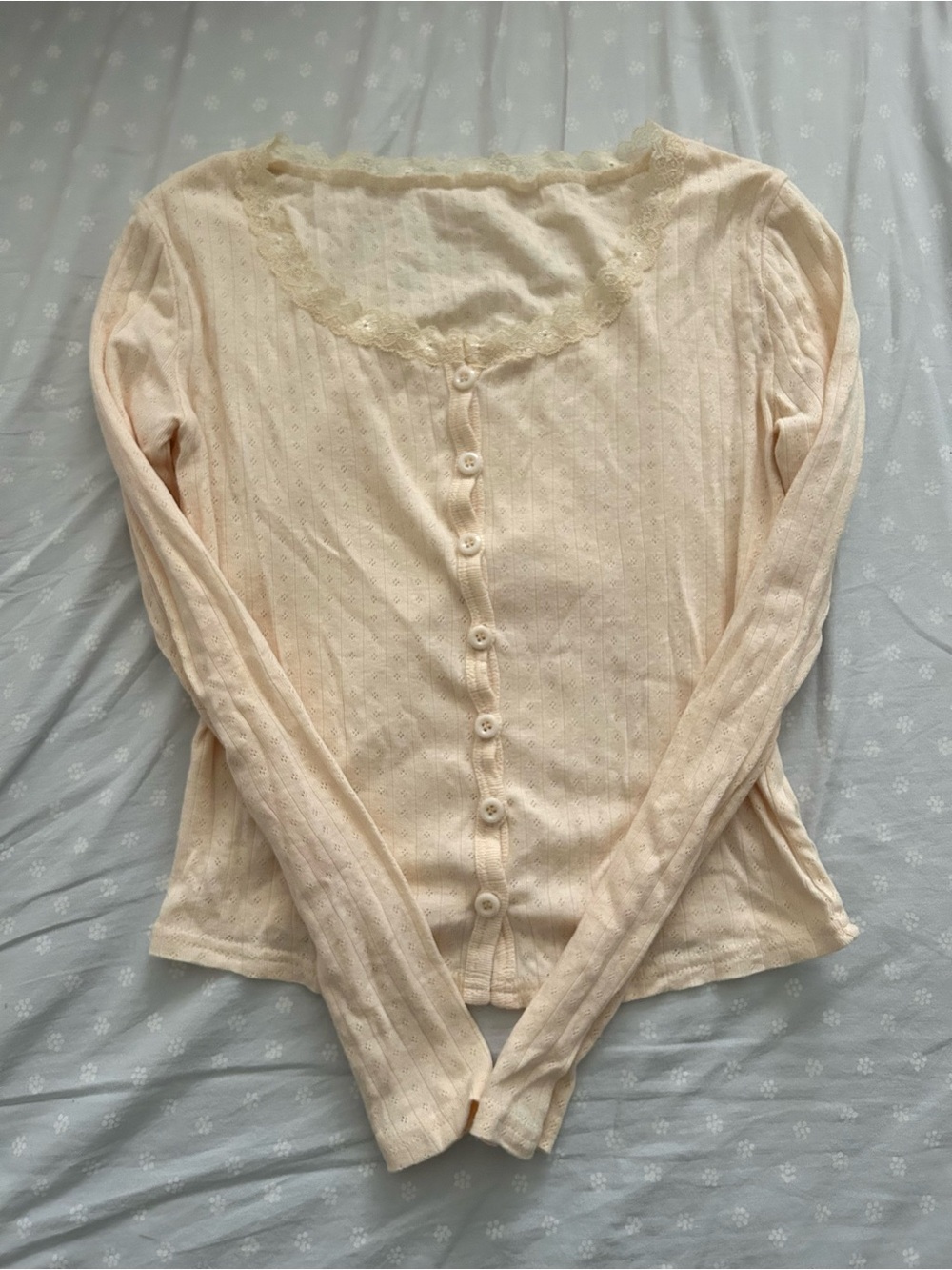 Ladies Lace-Trim Button-Front Long Sleeve Top — Cream
